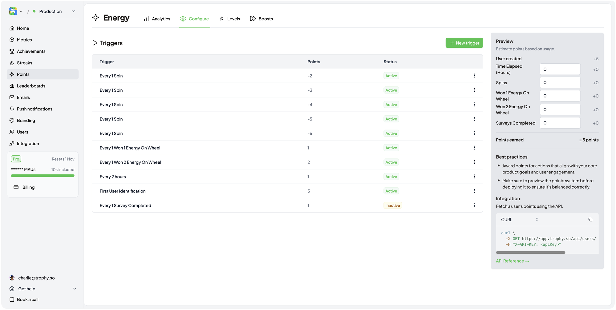 The RewardRoo energy points system in the Trophy dashboard