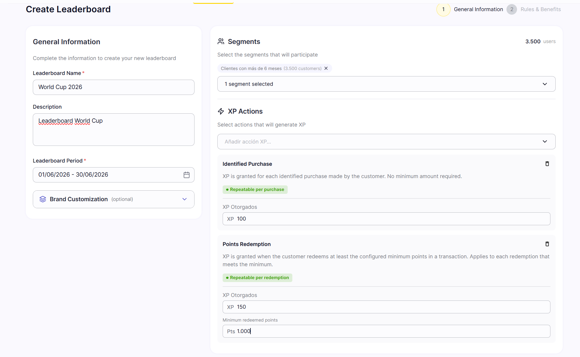 Leal merchant tool: creating a leaderboard with a name, period, audience segments and XP actions