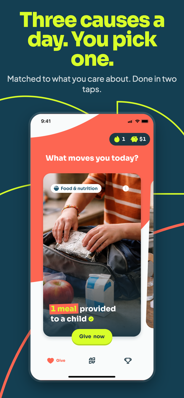 Ritmo daily cause card with a Give now button