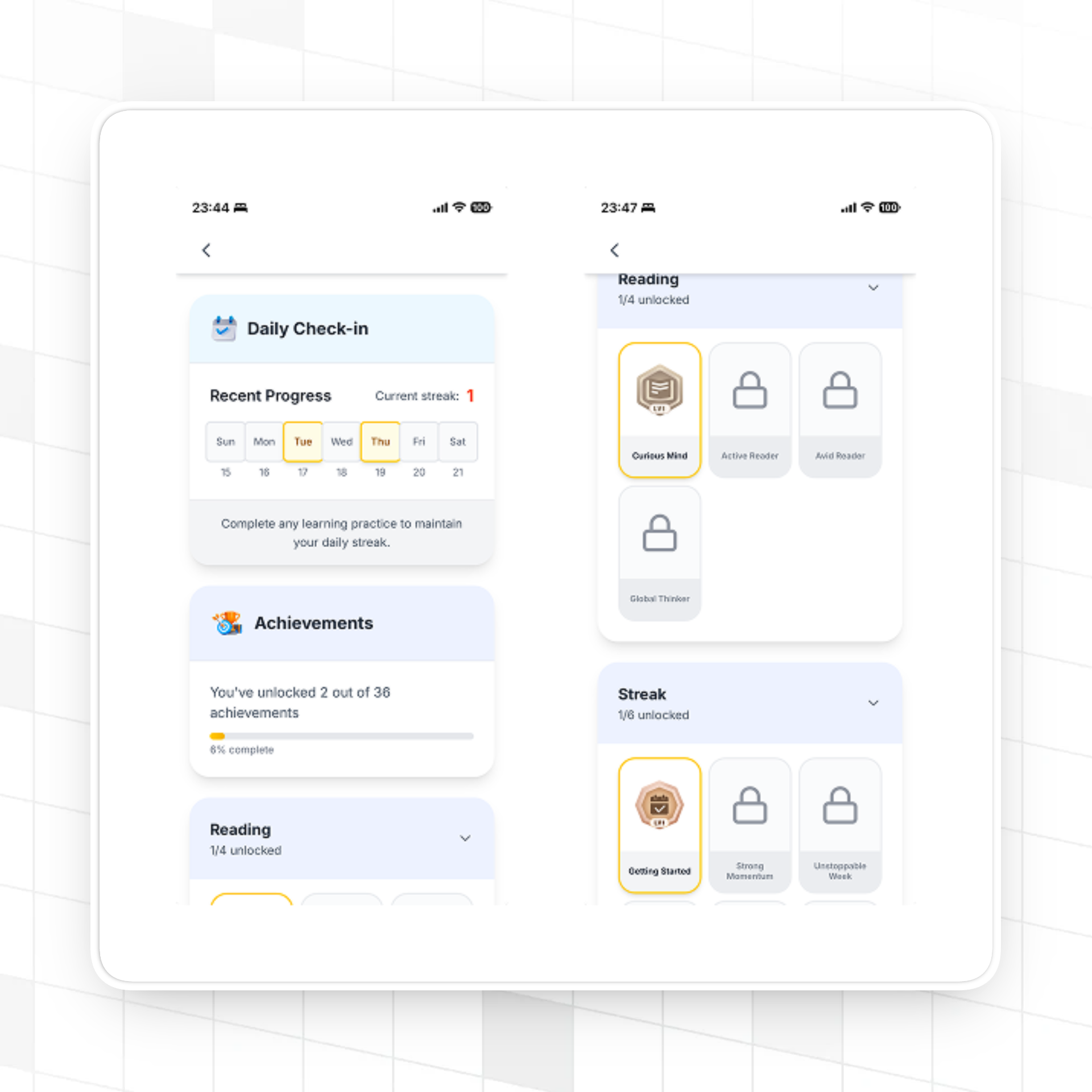 Lexioo learner dashboard showing achievements and streaks